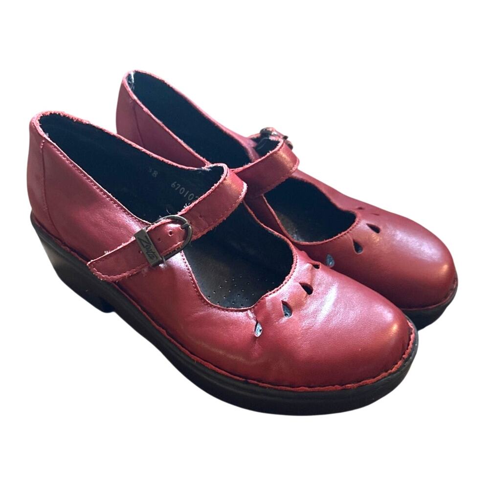 Women 38 7.5-8 Zeeta Red Leather Shoes Cut-Out Mary Janes Heeled Comfort